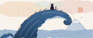Chatte-Dernière, chatte noire assise sur la crête d'une vague à la manière d'Hokusai, devant un mont Fuji aux oreilles de chat
